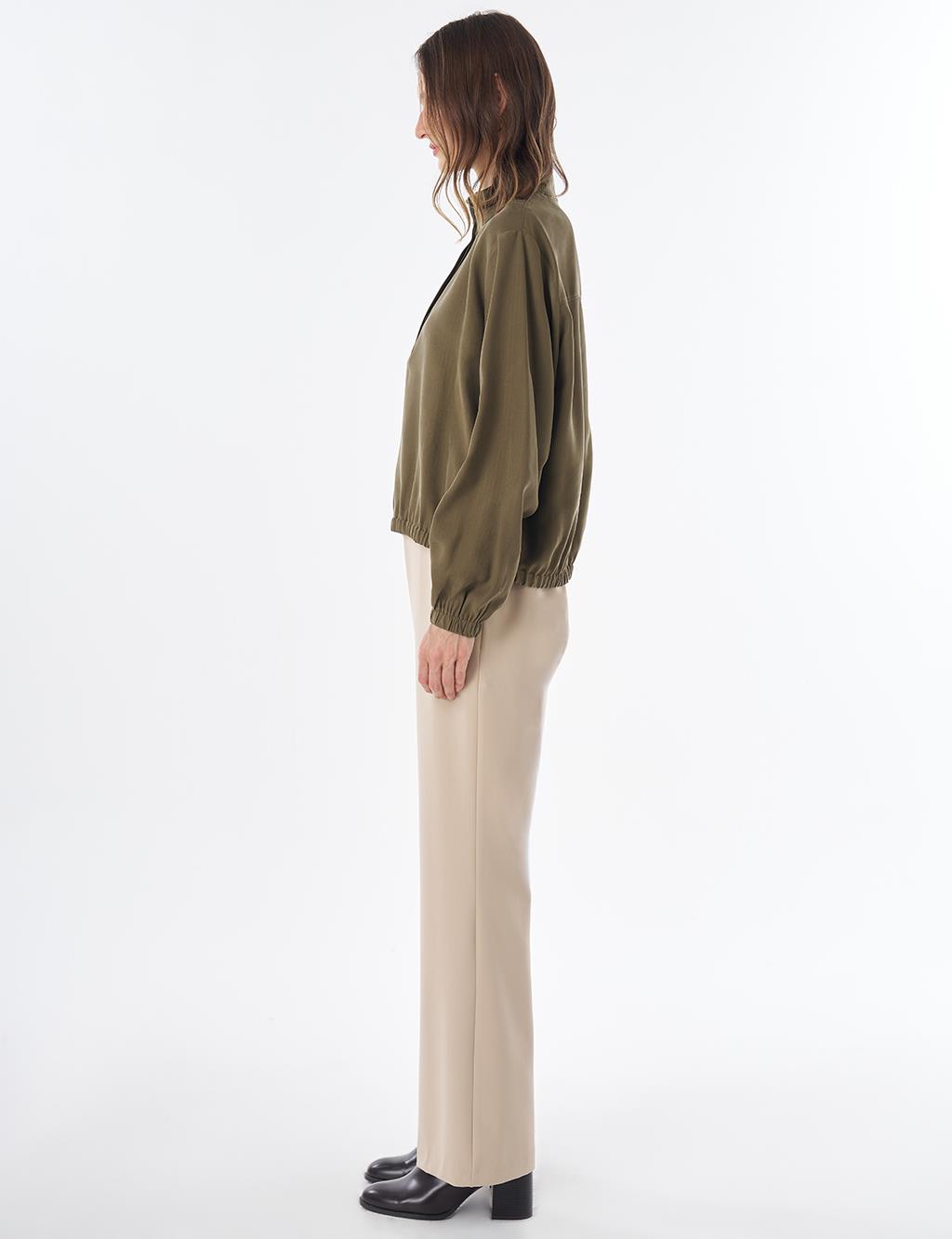 Stand Collar Rayon Blouse Khaki