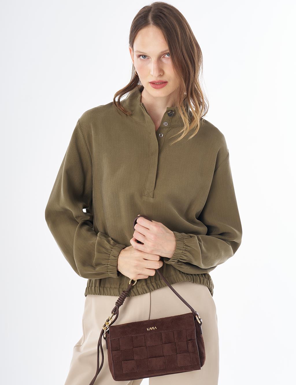 Stand Collar Rayon Blouse Khaki