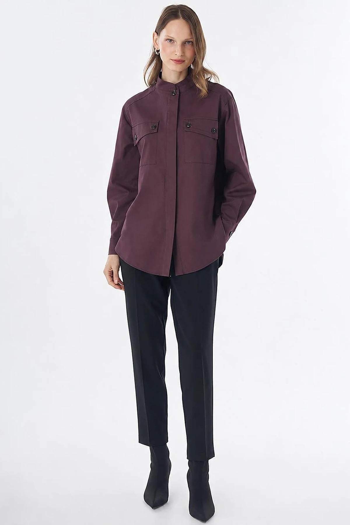 Band Collar Cotton Blouse Cocoa Powder