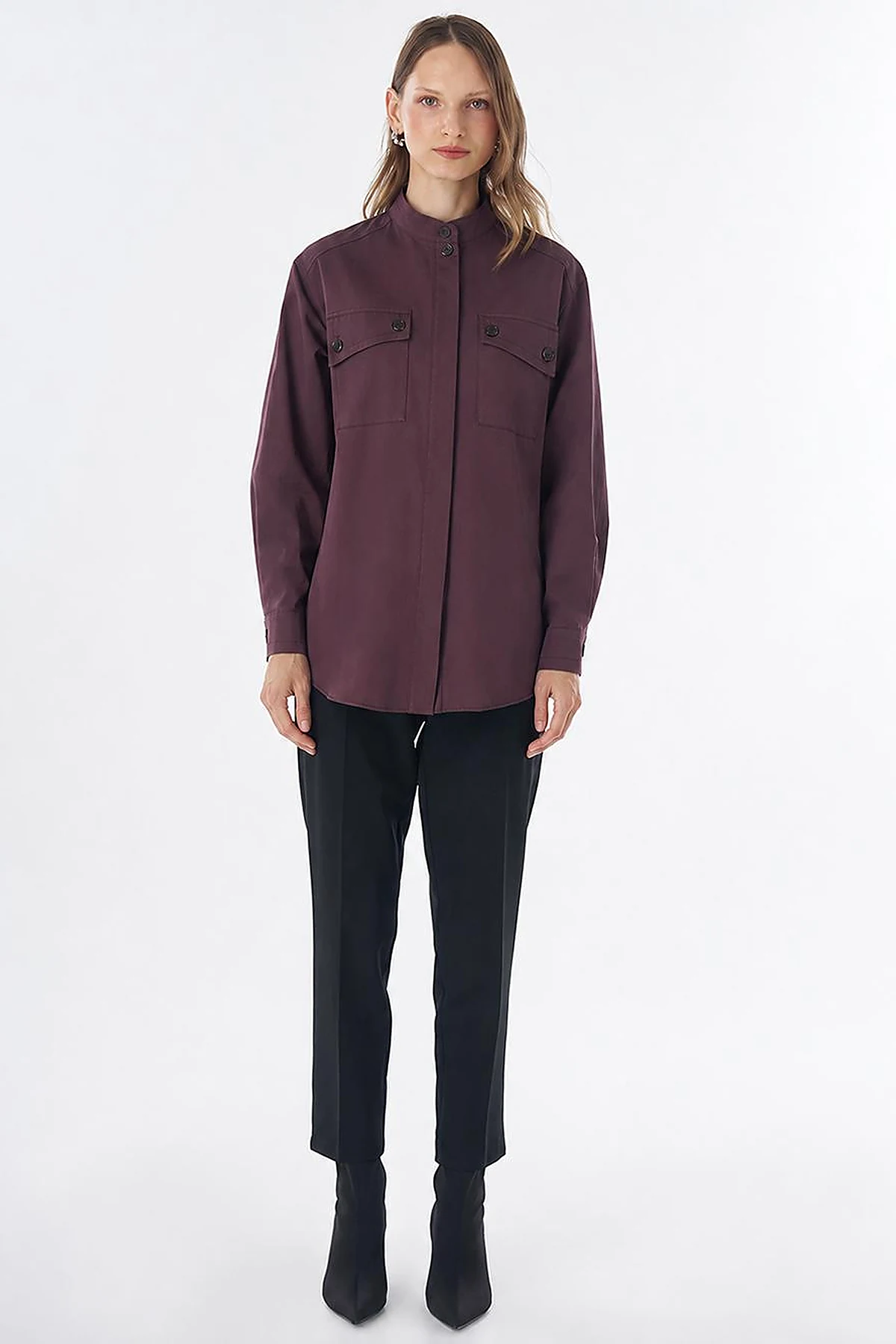 Band Collar Cotton Blouse Cocoa Powder