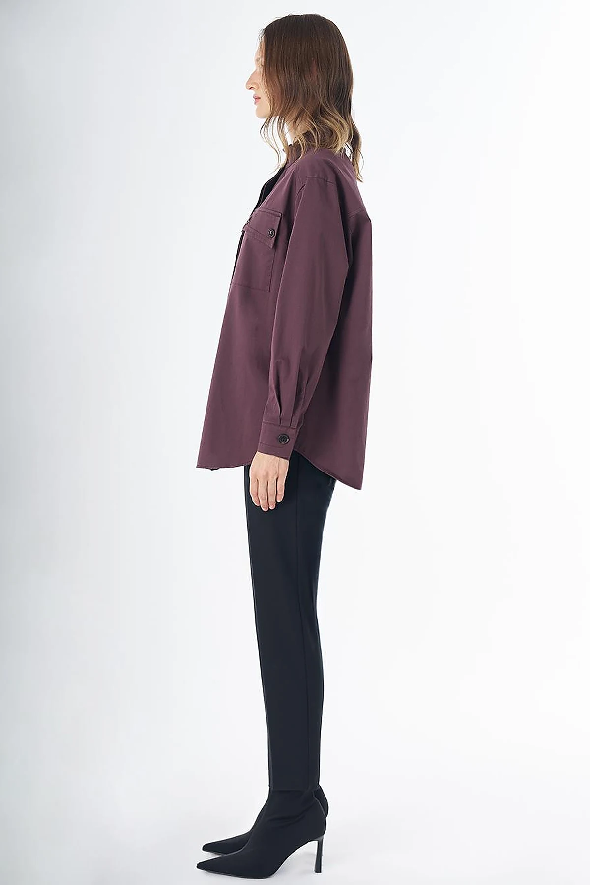 Band Collar Cotton Blouse Cocoa Powder