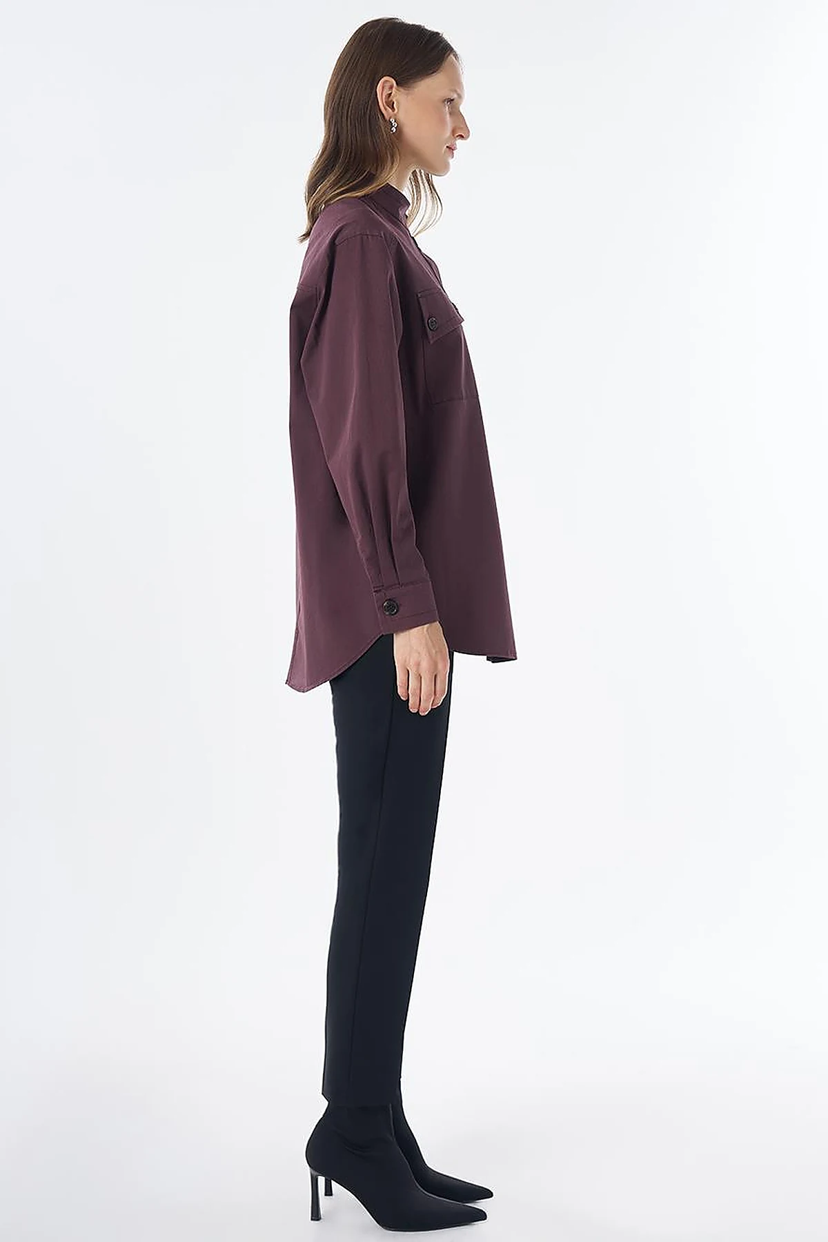 Band Collar Cotton Blouse Cocoa Powder
