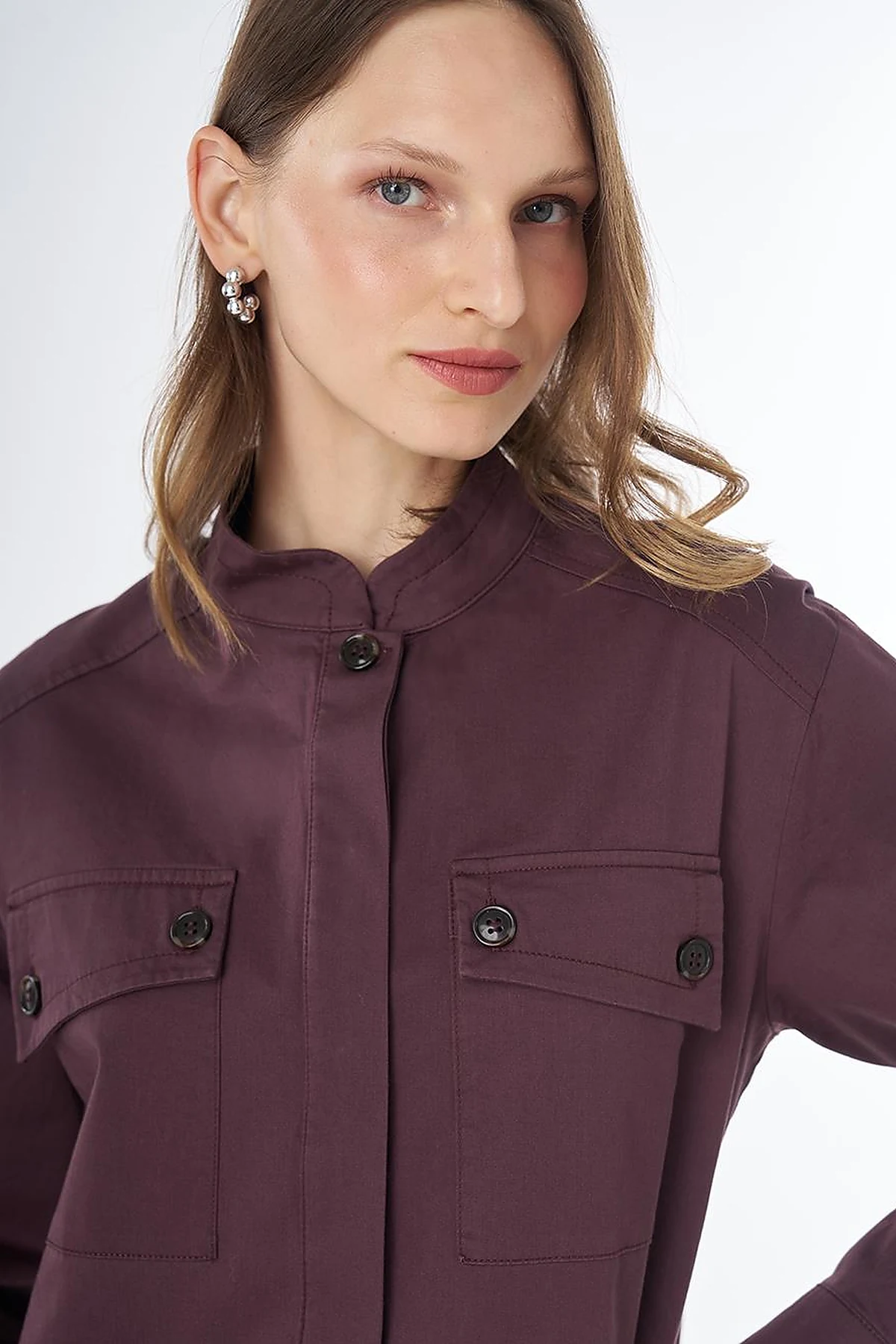 Band Collar Cotton Blouse Cocoa Powder