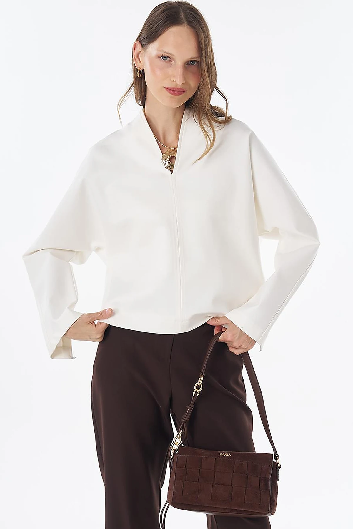 V-Neck Rayon Blouse Ecru