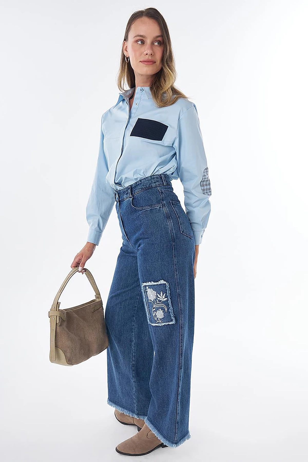 Washed Embroidered Denim Pants Blue