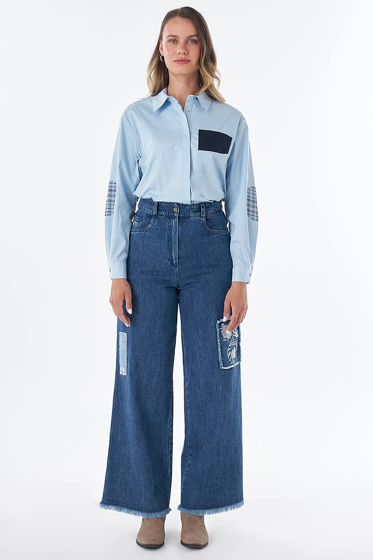 Washed Embroidered Denim Pants Blue