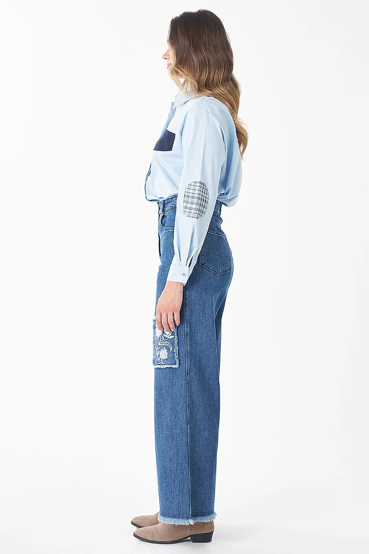 Washed Embroidered Denim Pants Blue