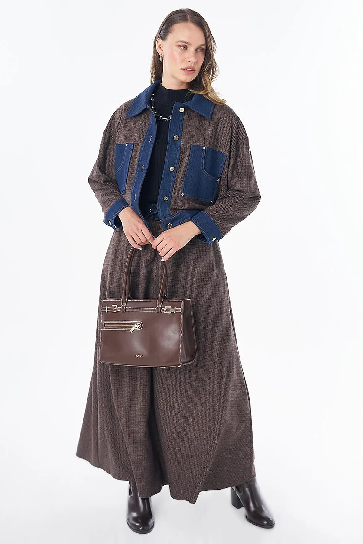 Denim Garnili Ekose Desen Ceket Kahve