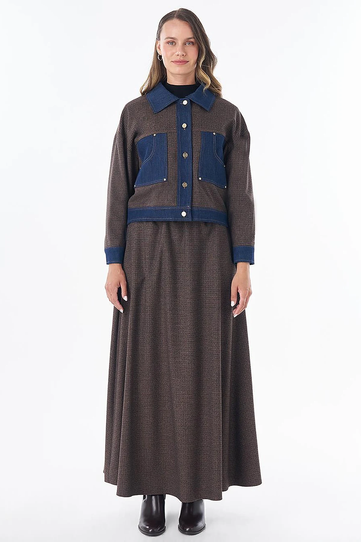 Denim Garnili Ekose Desen Ceket Kahve