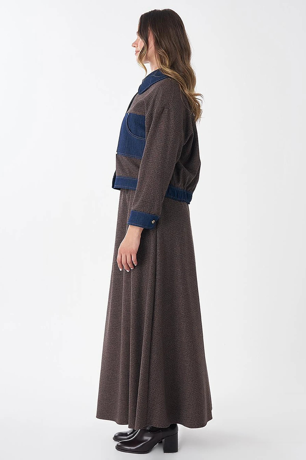 Denim Garnili Ekose Desen Ceket Kahve