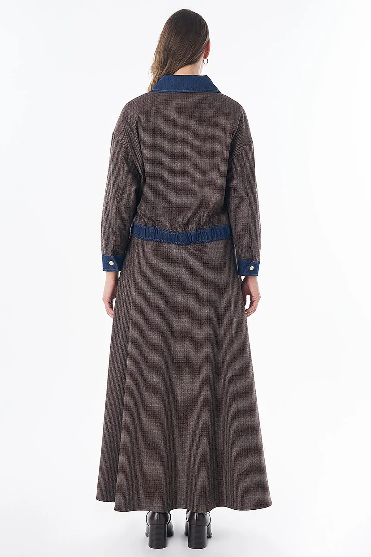 Denim Garnili Ekose Desen Ceket Kahve