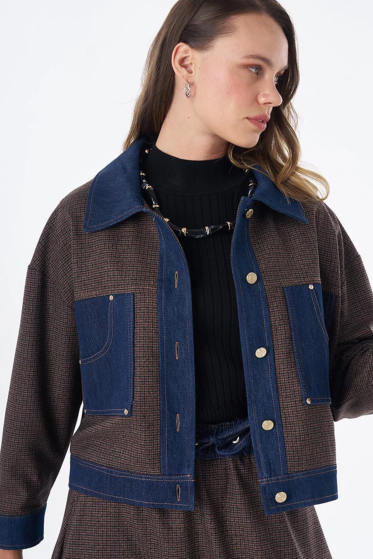 Denim Garnili Ekose Desen Ceket Kahve