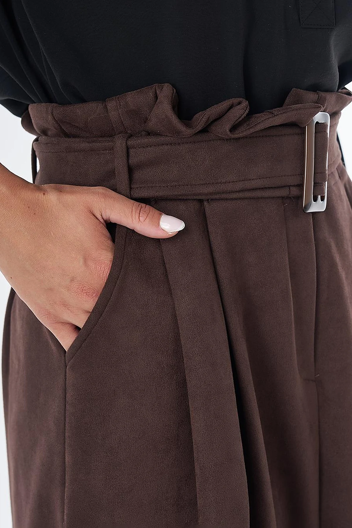 Belt-Detail Suede Skirt – Dark Brown