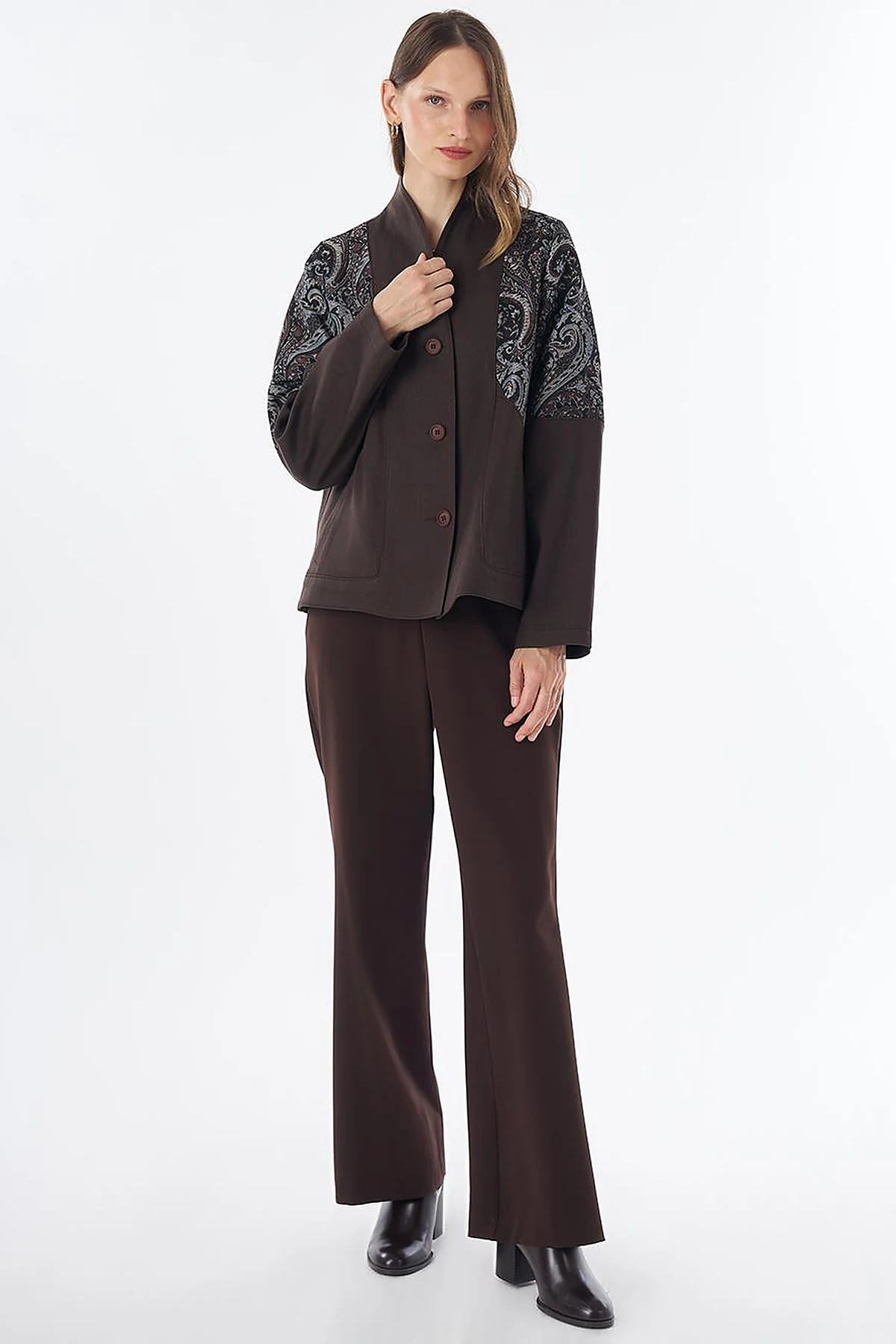 Fabric-Trim Buttoned Jacket – Dark Brown