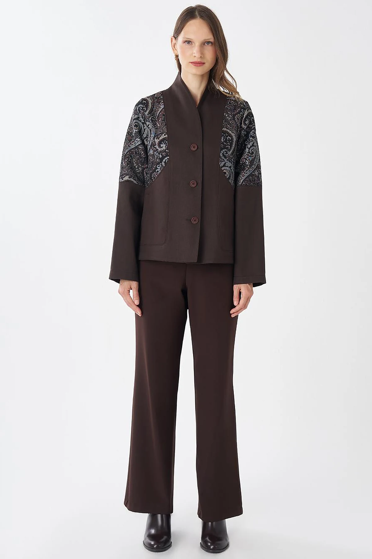Fabric-Trim Buttoned Jacket – Dark Brown