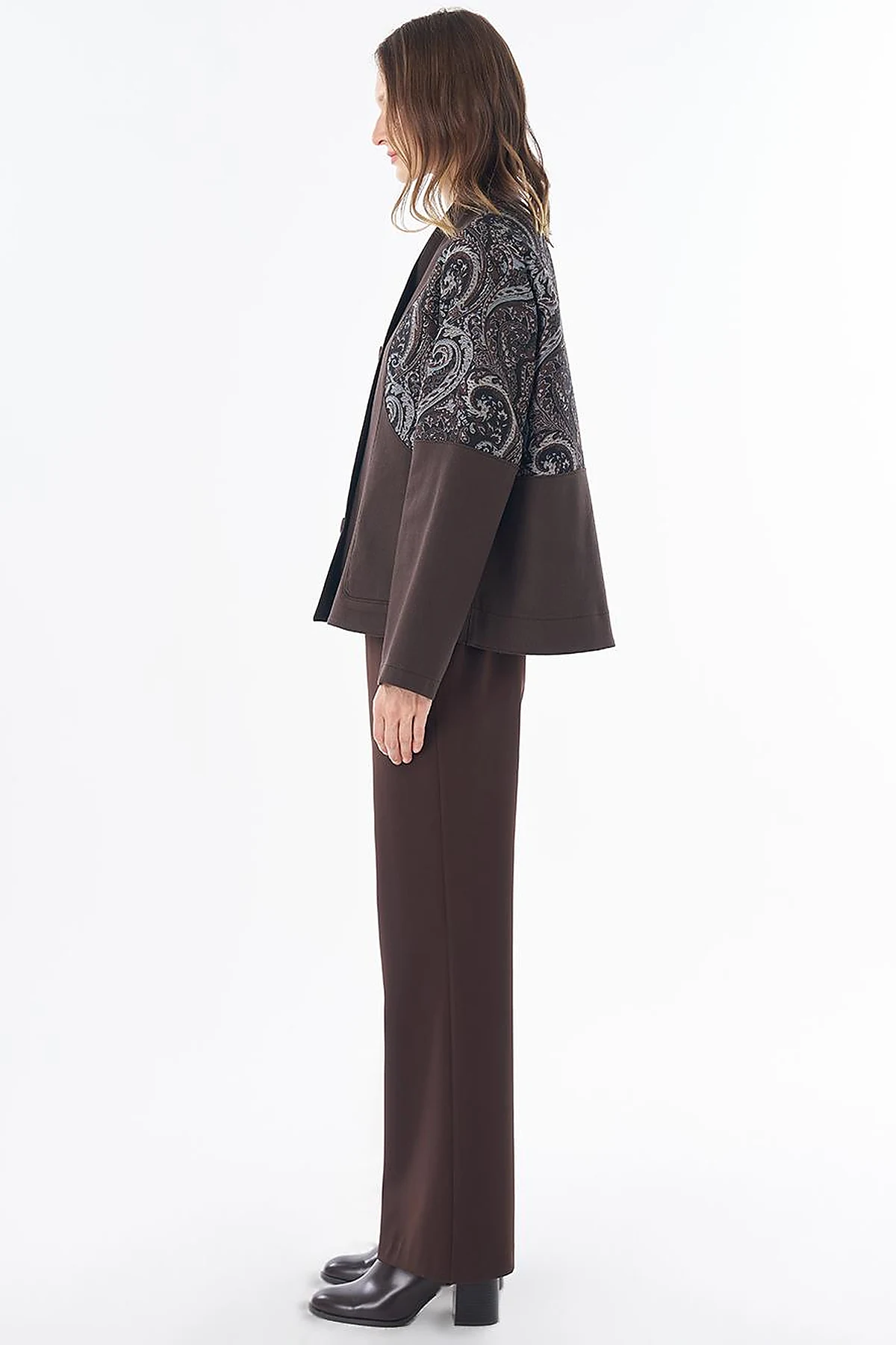 Fabric-Trim Buttoned Jacket – Dark Brown