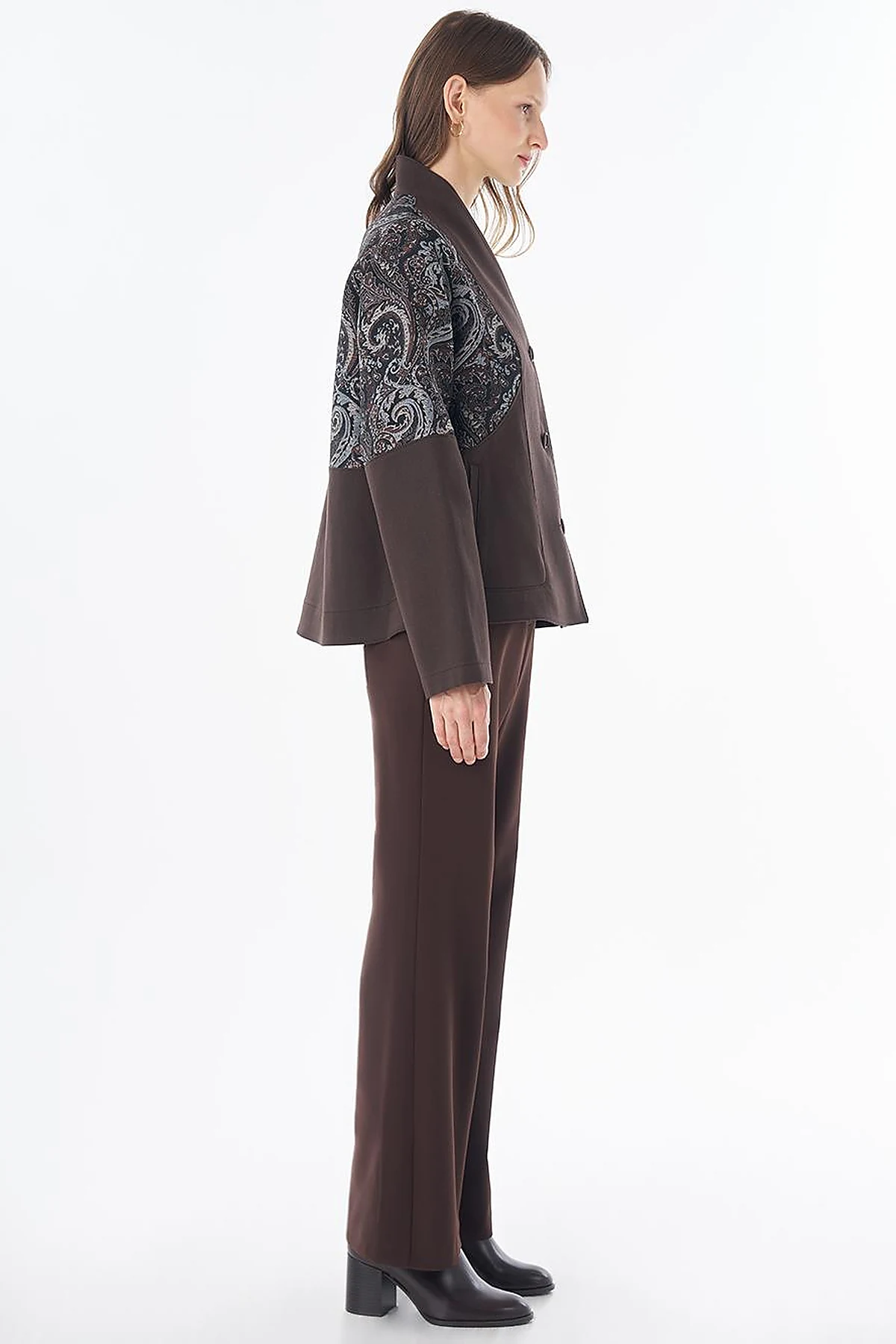 Fabric-Trim Buttoned Jacket – Dark Brown