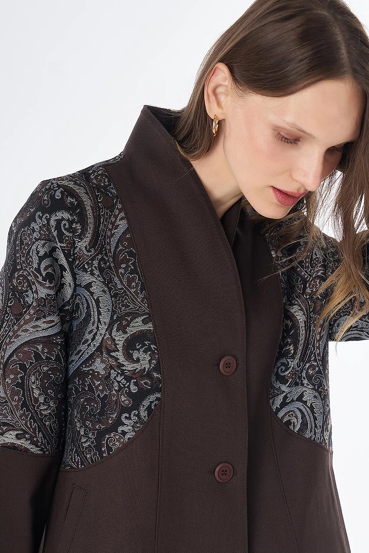 Fabric-Trim Buttoned Jacket – Dark Brown