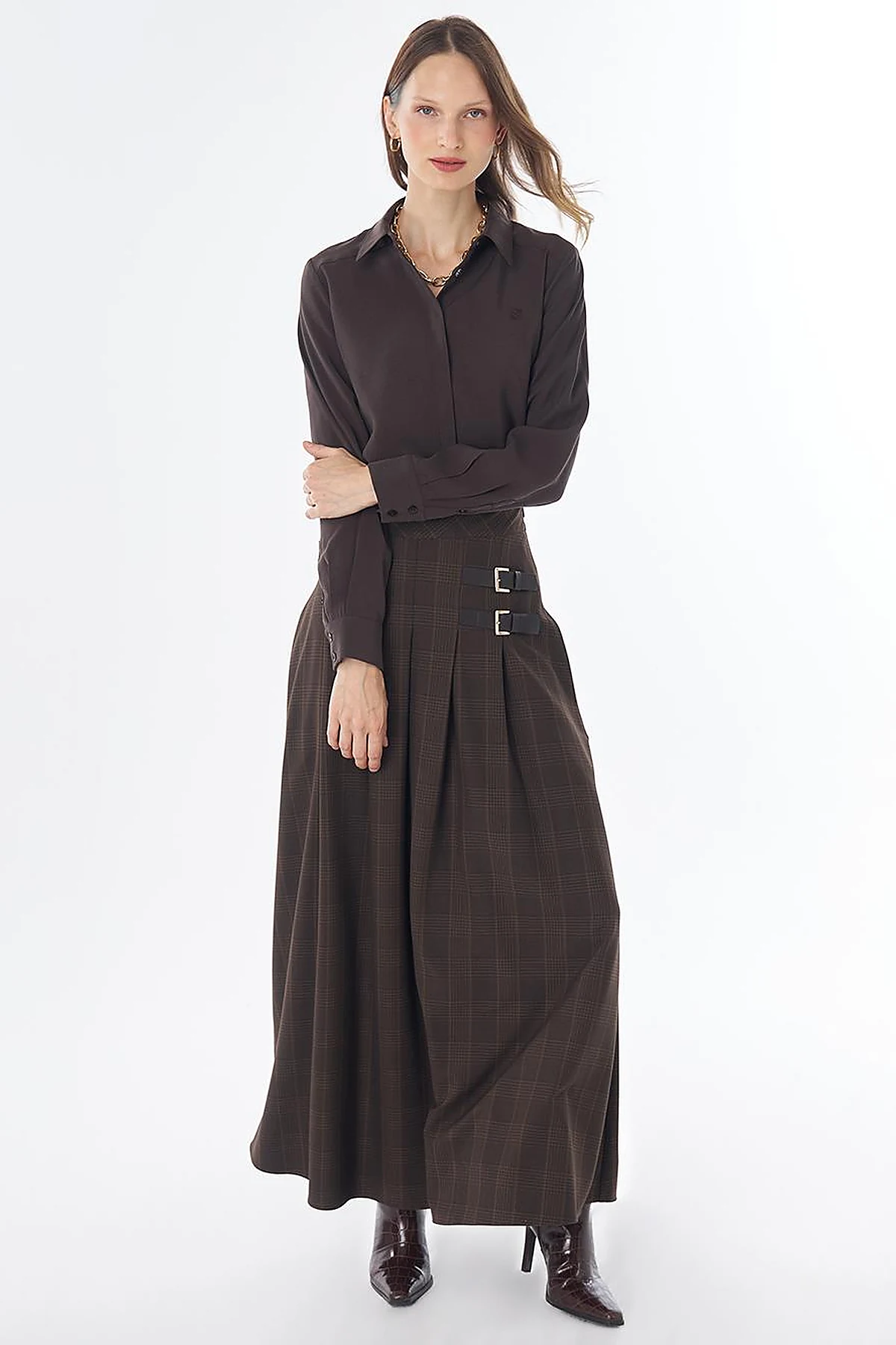 Plaid Skirt with Metal Buckle – Dark Brown