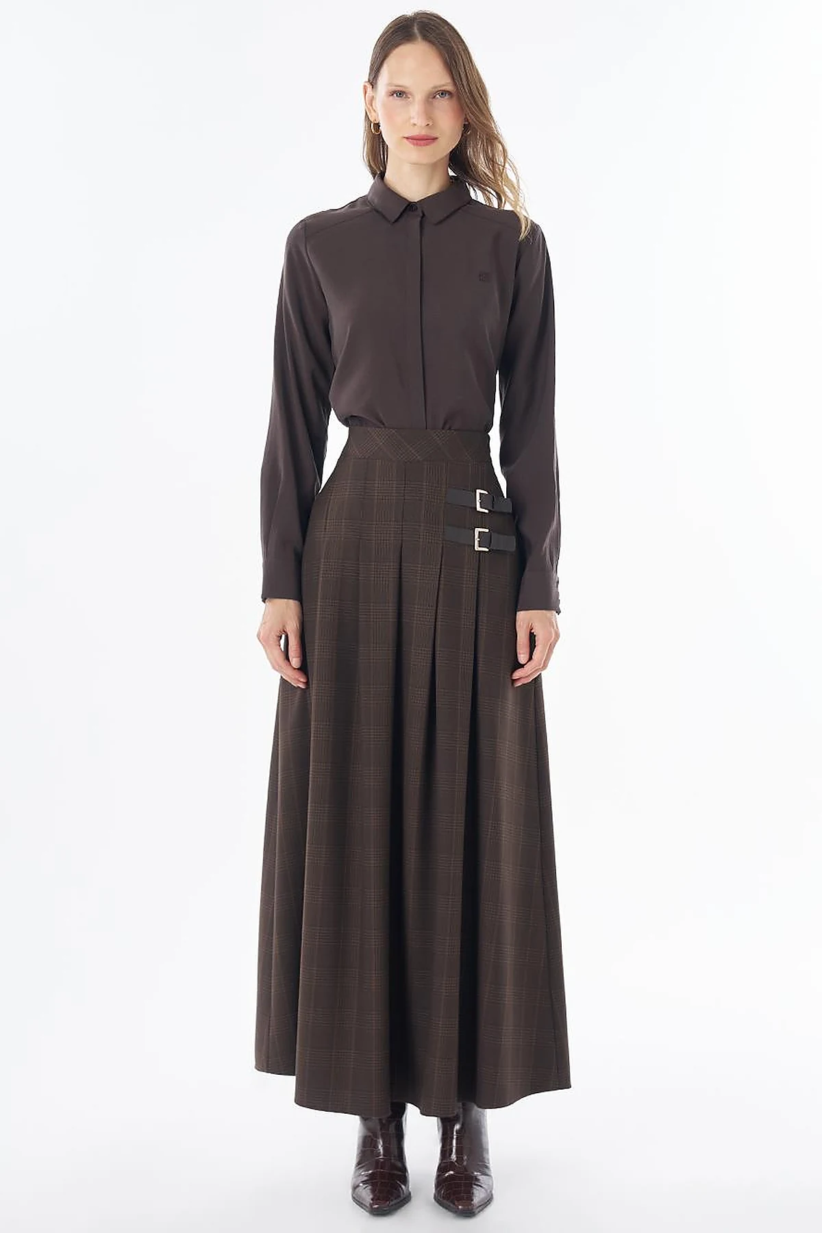 Plaid Skirt with Metal Buckle – Dark Brown