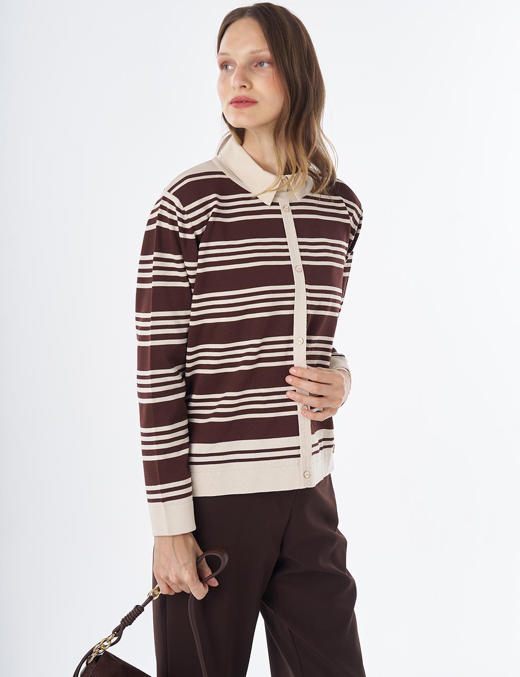 Striped Knit Blouse – Brown-Cream
