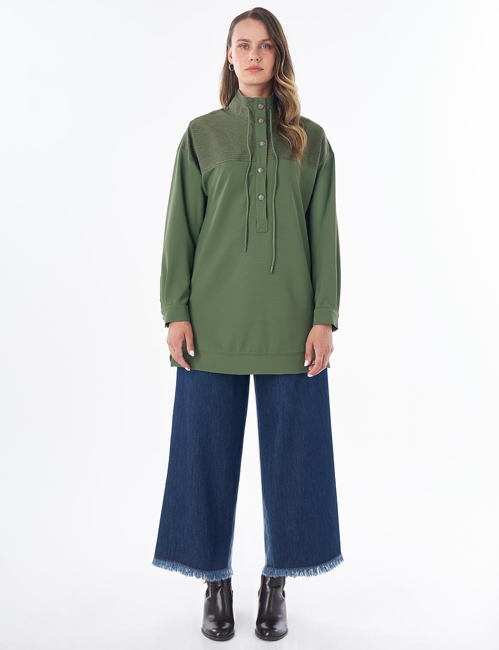 Dik Yaka Düşük Omuz Sweatshirt Orman Yeşili 