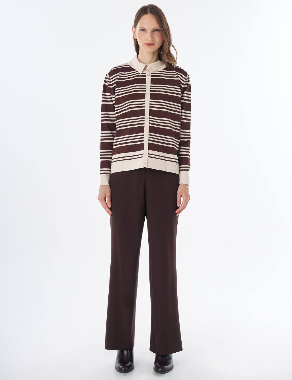Striped Knit Blouse – Brown-Cream