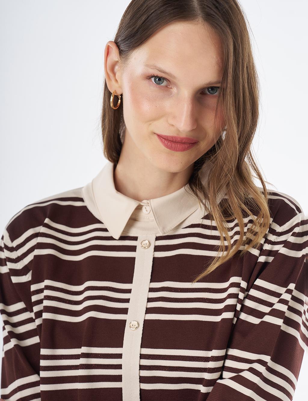 Striped Knit Blouse – Brown-Cream