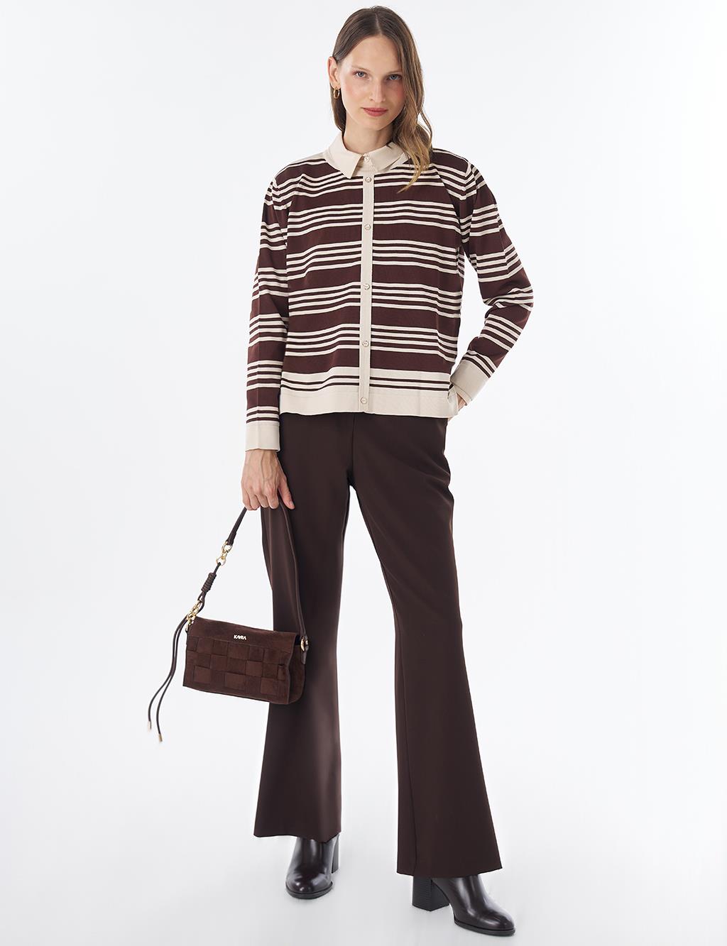 Striped Knit Blouse – Brown-Cream