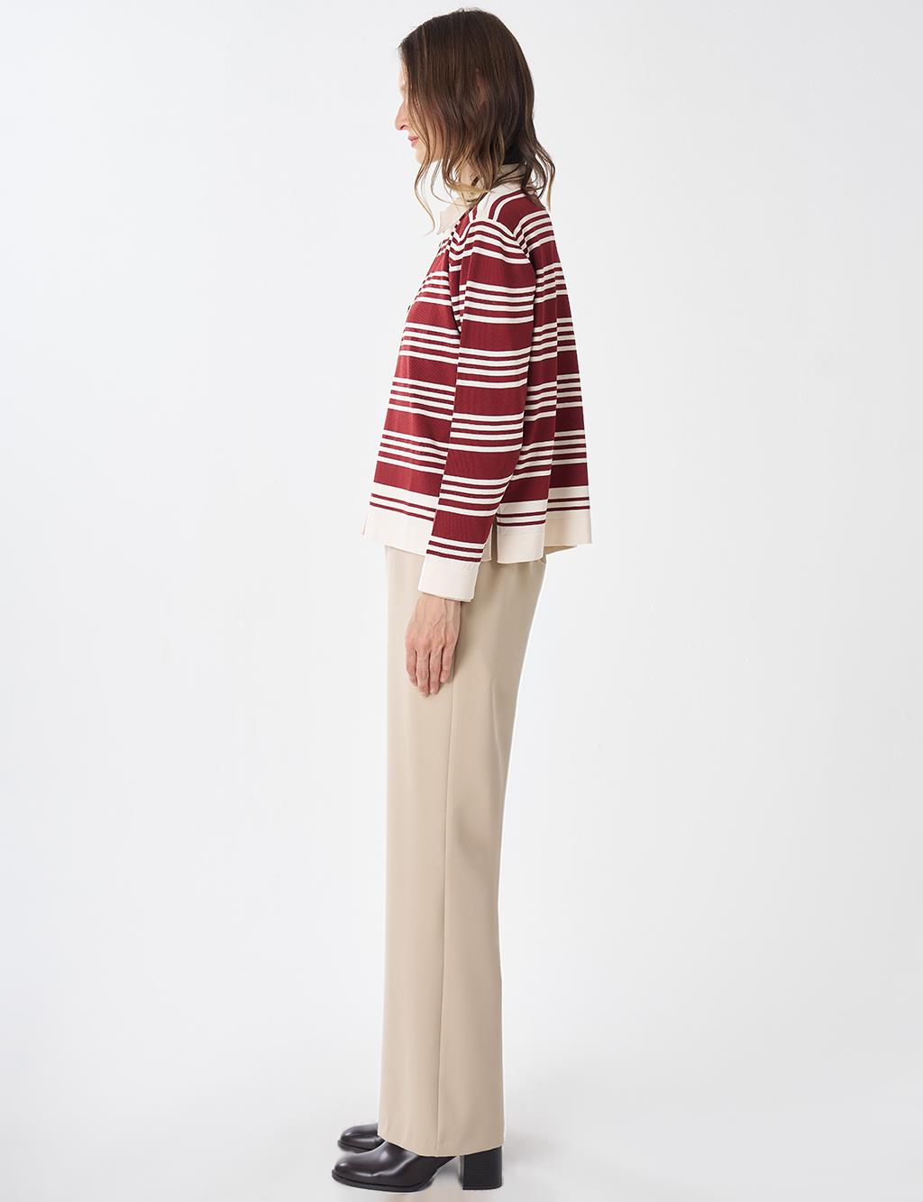 Striped Knit Blouse – White-Burgundy