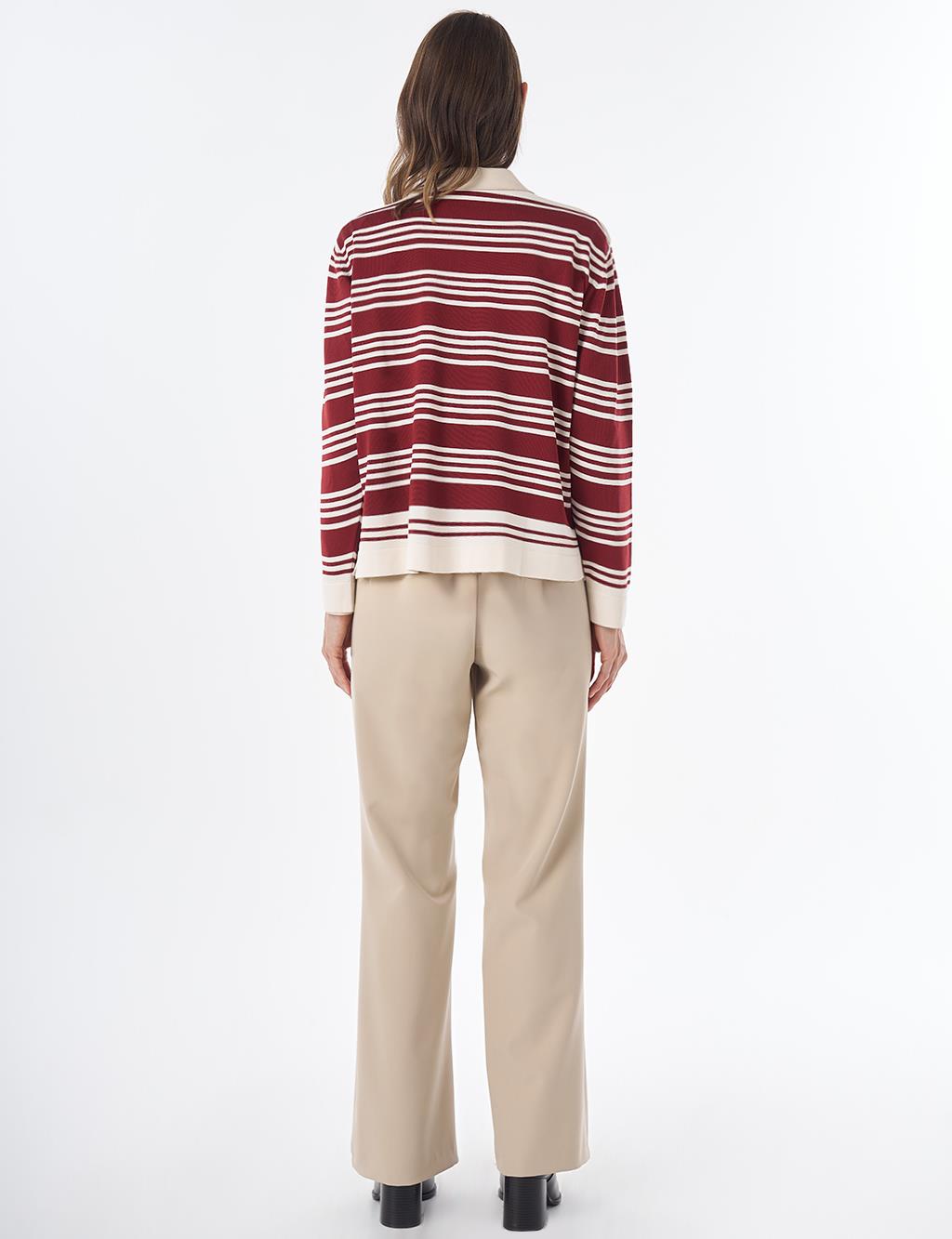 Striped Knit Blouse – White-Burgundy