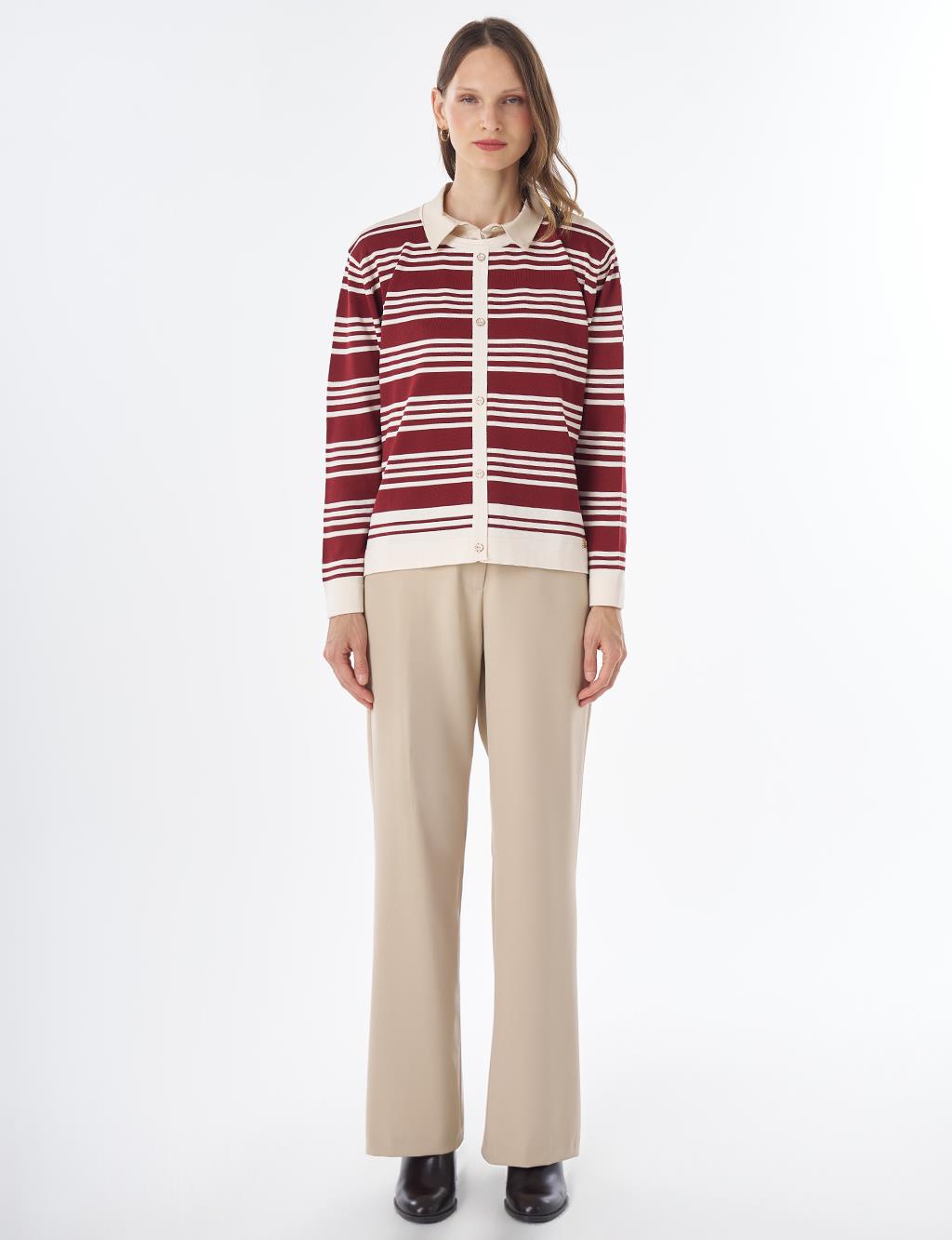 Striped Knit Blouse – White-Burgundy