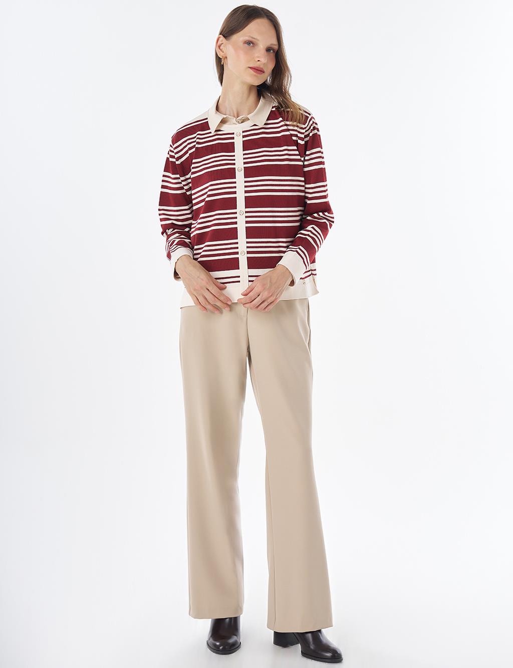 Striped Knit Blouse – White-Burgundy