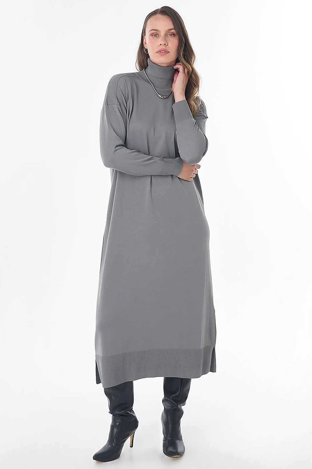 Turtleneck Knit Dress – Grey