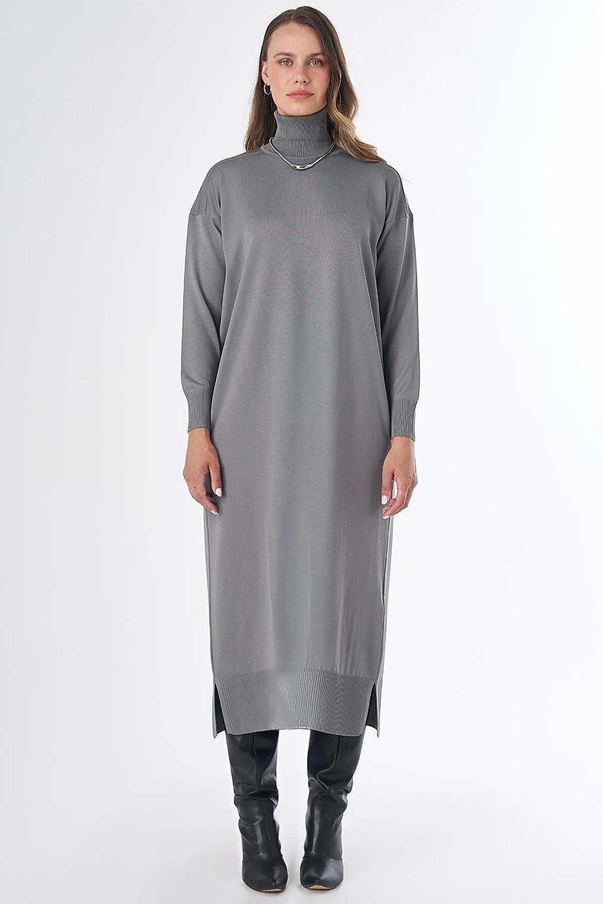 Turtleneck Knit Dress – Grey