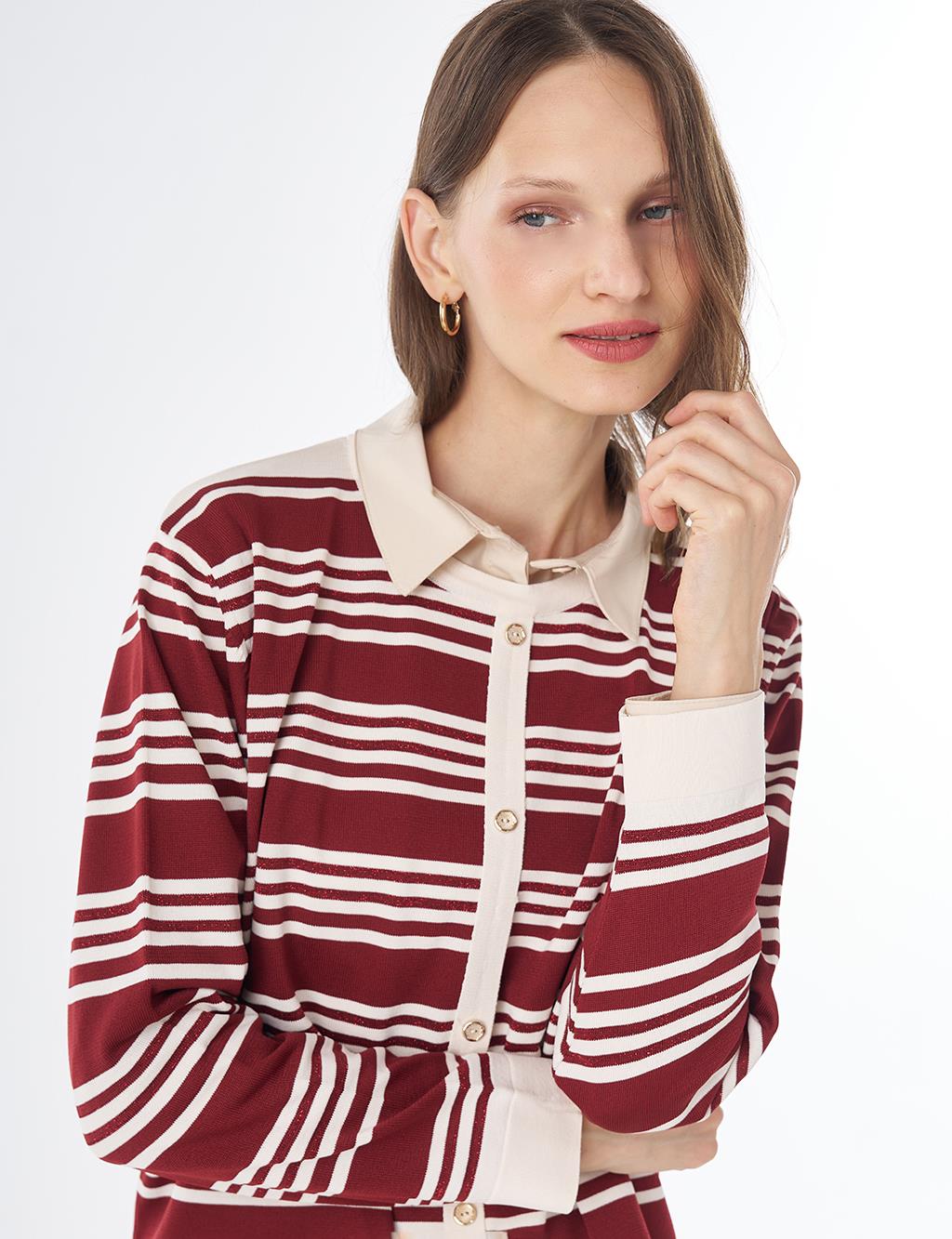 Striped Knit Blouse – White-Burgundy