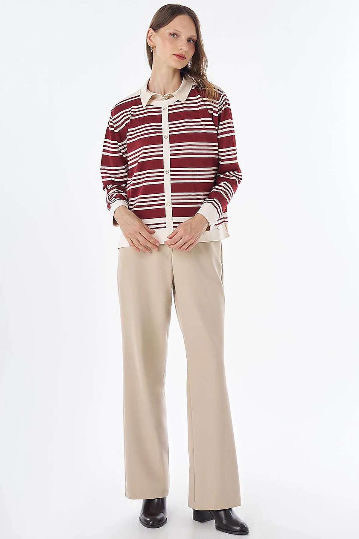 Striped Knit Blouse – White-Burgundy