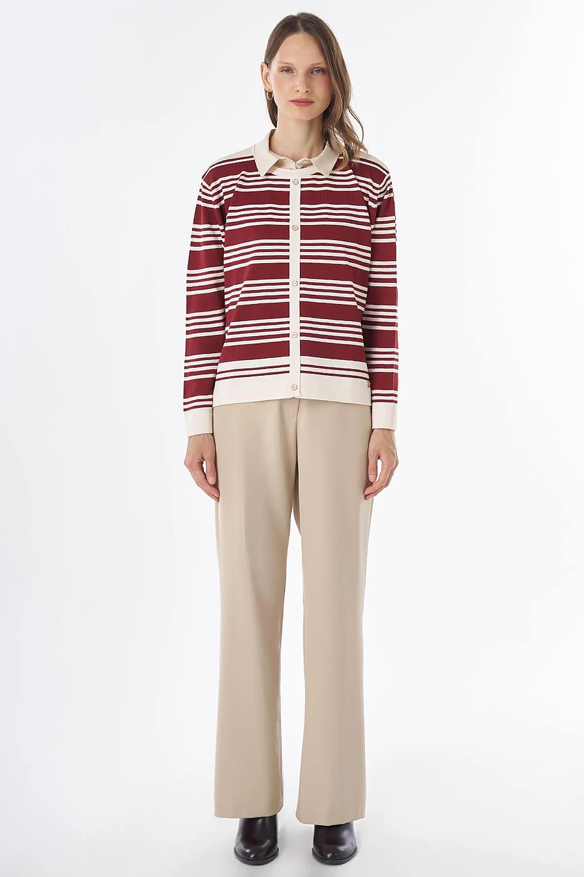 Striped Knit Blouse – White-Burgundy