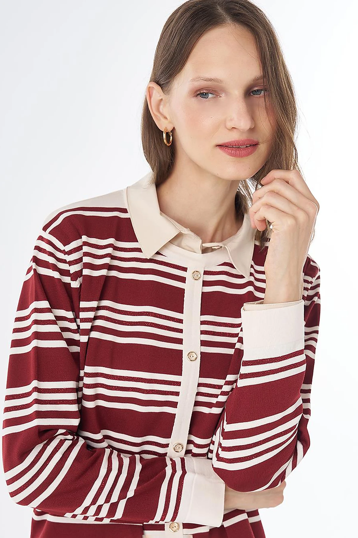 Striped Knit Blouse – White-Burgundy