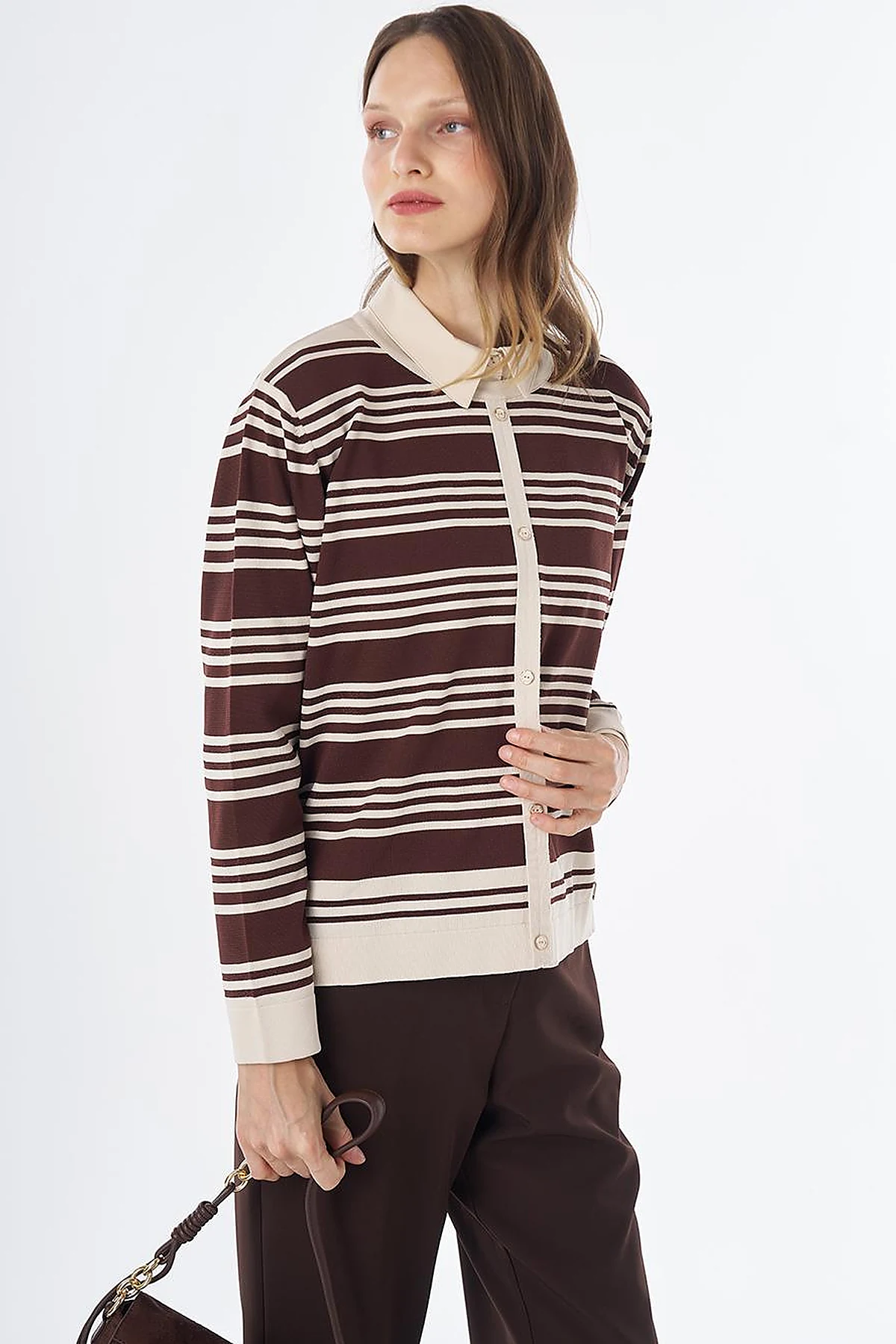 Striped Knit Blouse – Brown-Cream