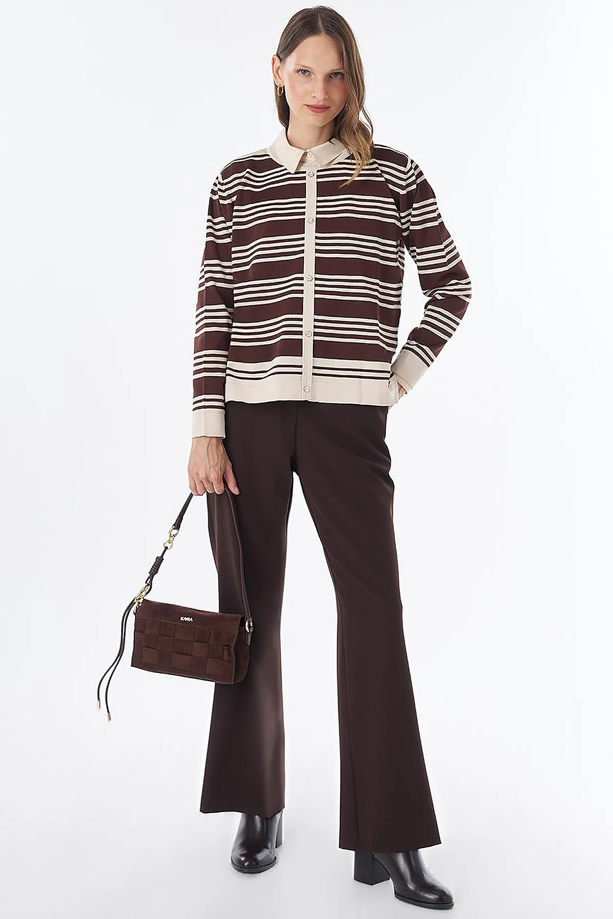 Striped Knit Blouse – Brown-Cream