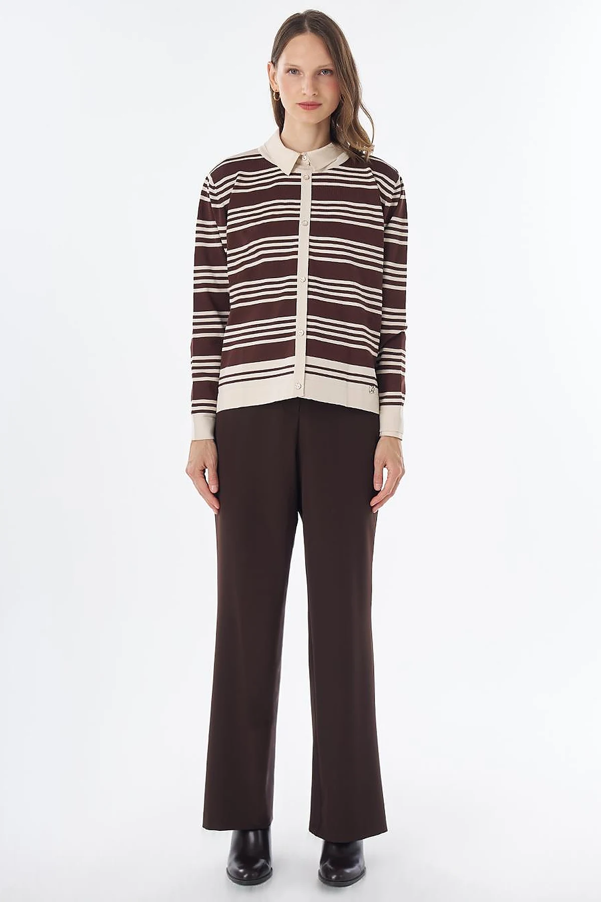 Striped Knit Blouse – Brown-Cream