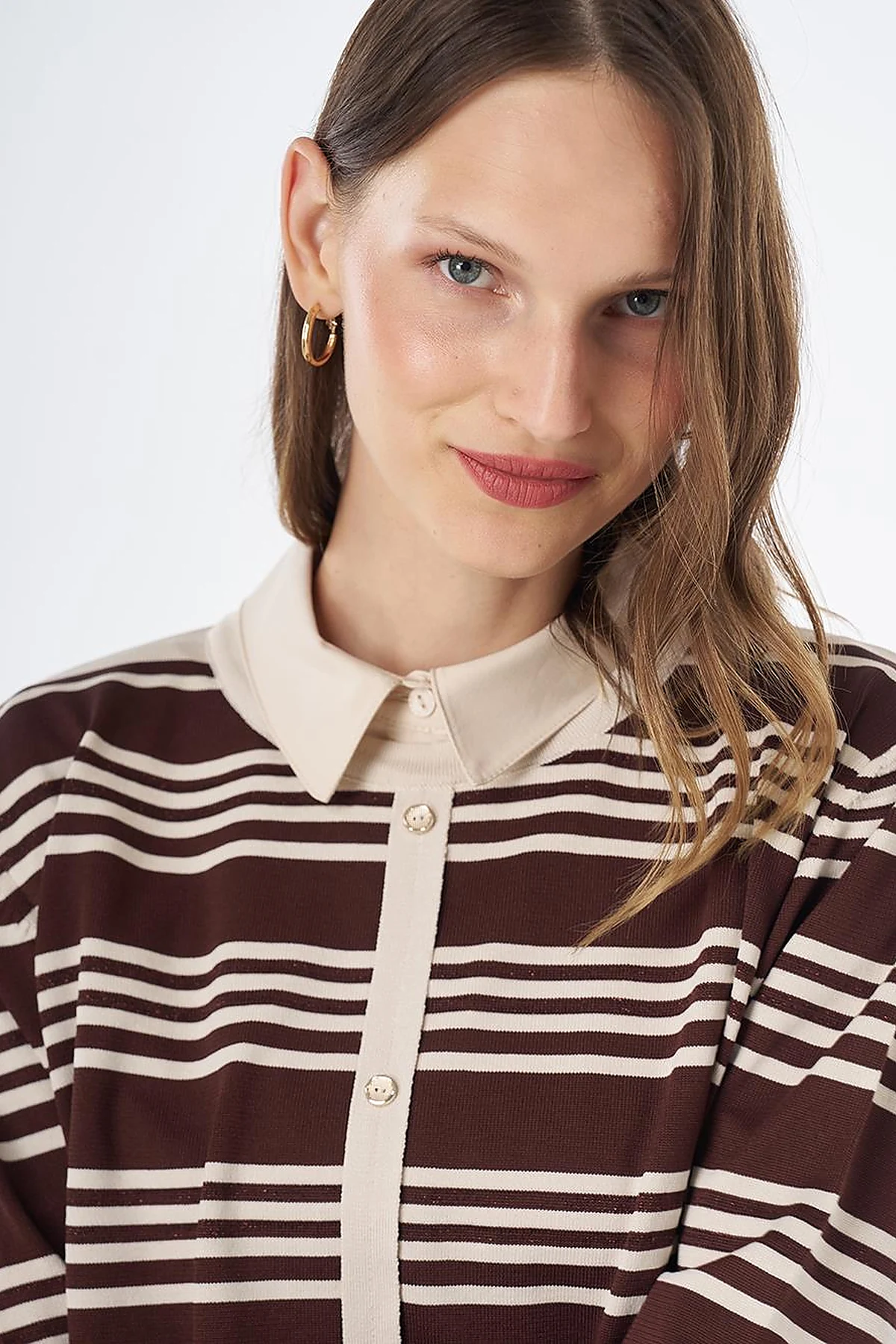 Striped Knit Blouse – Brown-Cream