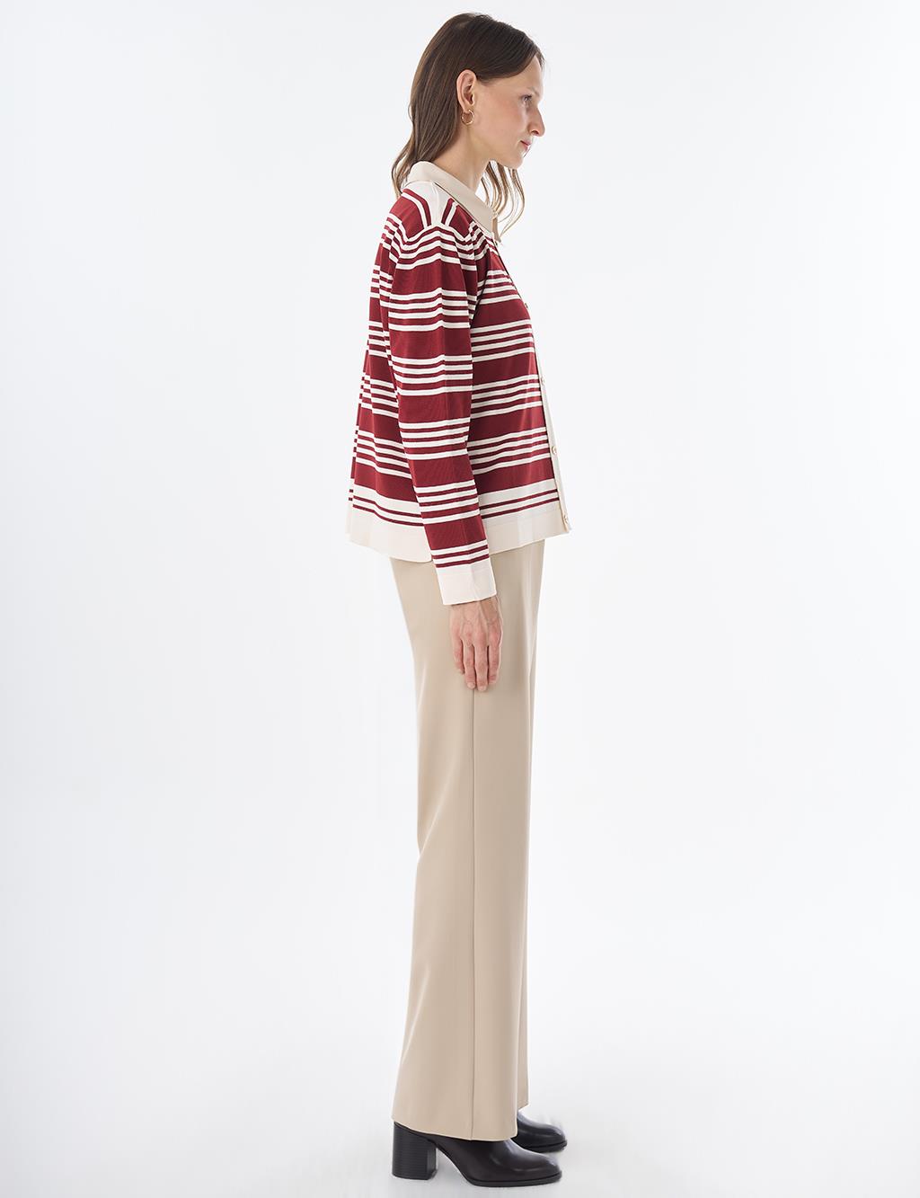 Striped Knit Blouse – White-Burgundy