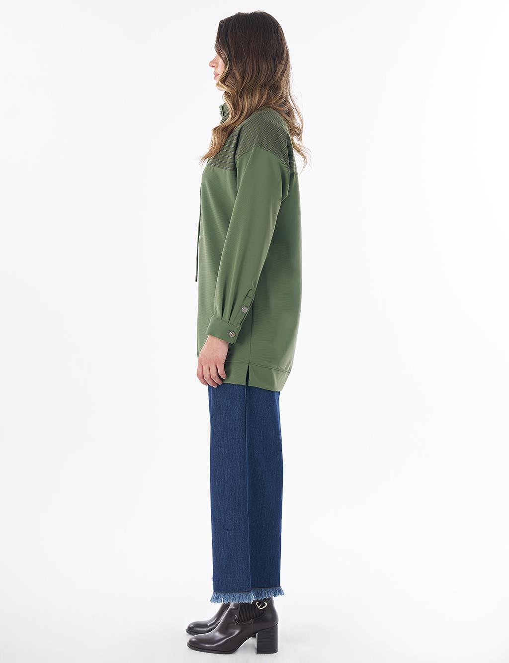 Dik Yaka Düşük Omuz Sweatshirt Orman Yeşili 