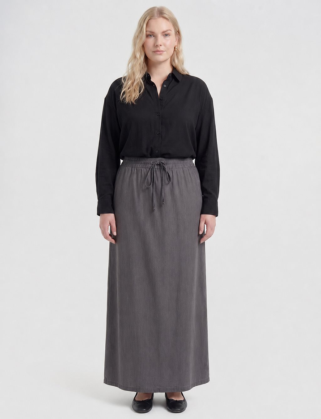 High-Waist Drawstring Denim Skirt – Black