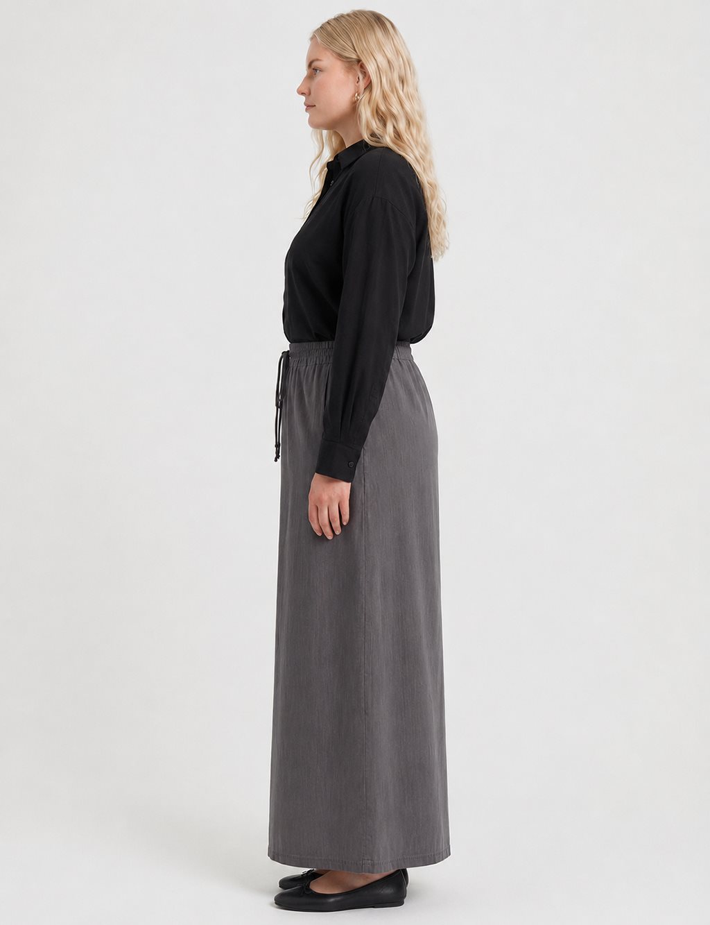 High-Waist Drawstring Denim Skirt – Black