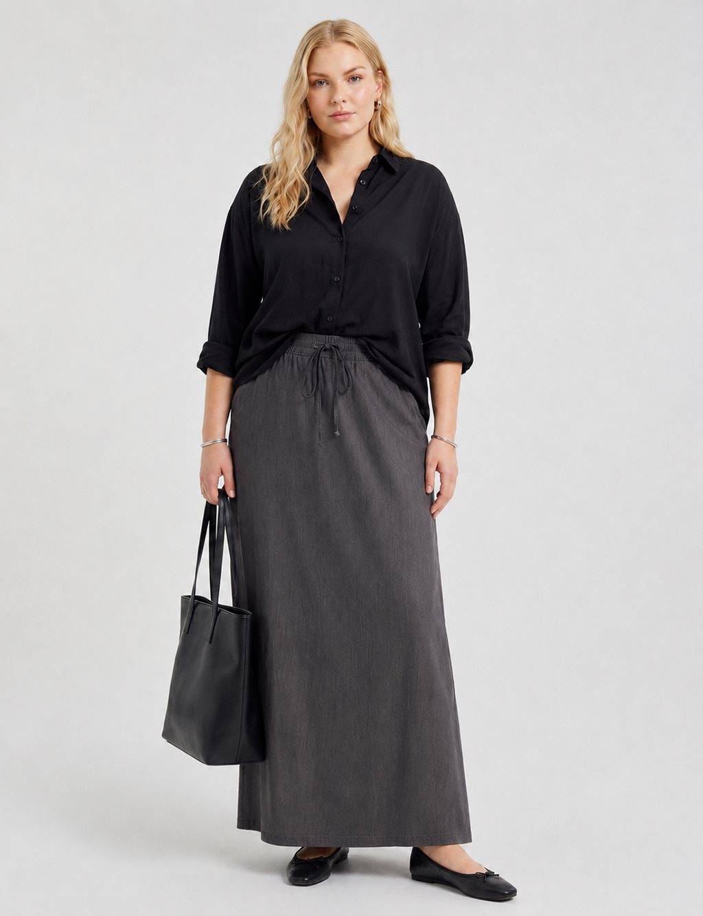 High-Waist Drawstring Denim Skirt – Black
