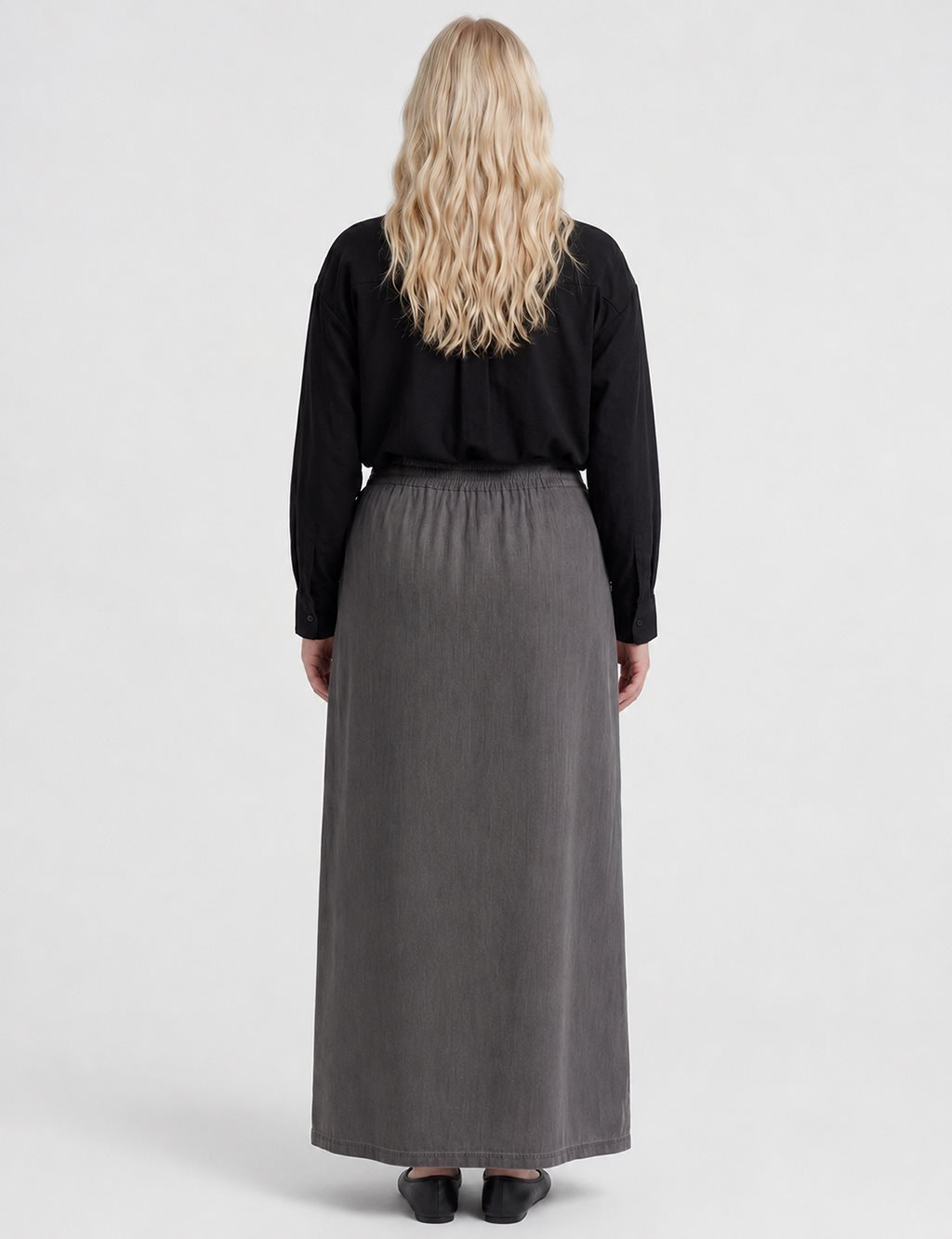 High-Waist Drawstring Denim Skirt – Black