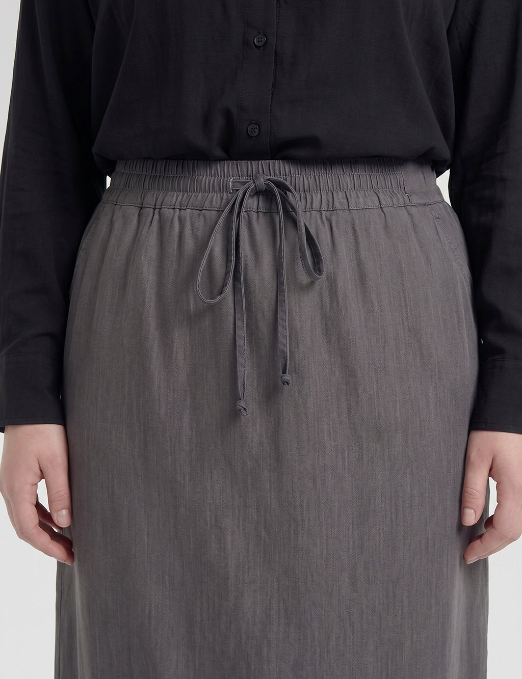 High-Waist Drawstring Denim Skirt – Black